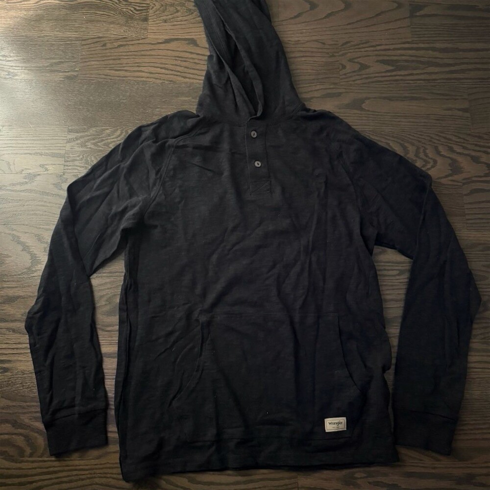 Wrangler Men's Henley Hoodie Black Pullover 3-Button Kangaroo Pocket